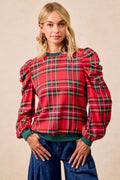 Christmas Plaid Exaggerated Shoulder Sleeves Top
