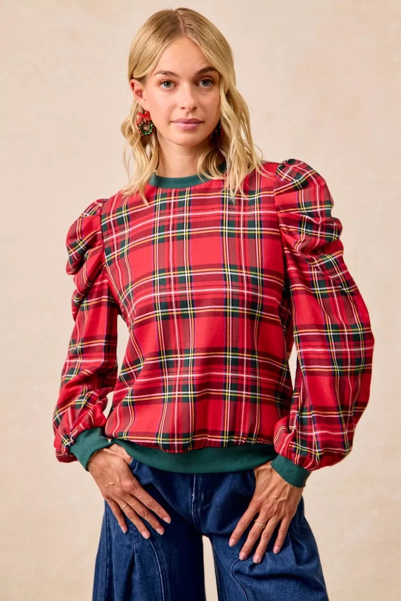 Christmas Plaid Exaggerated Shoulder Sleeves Top
