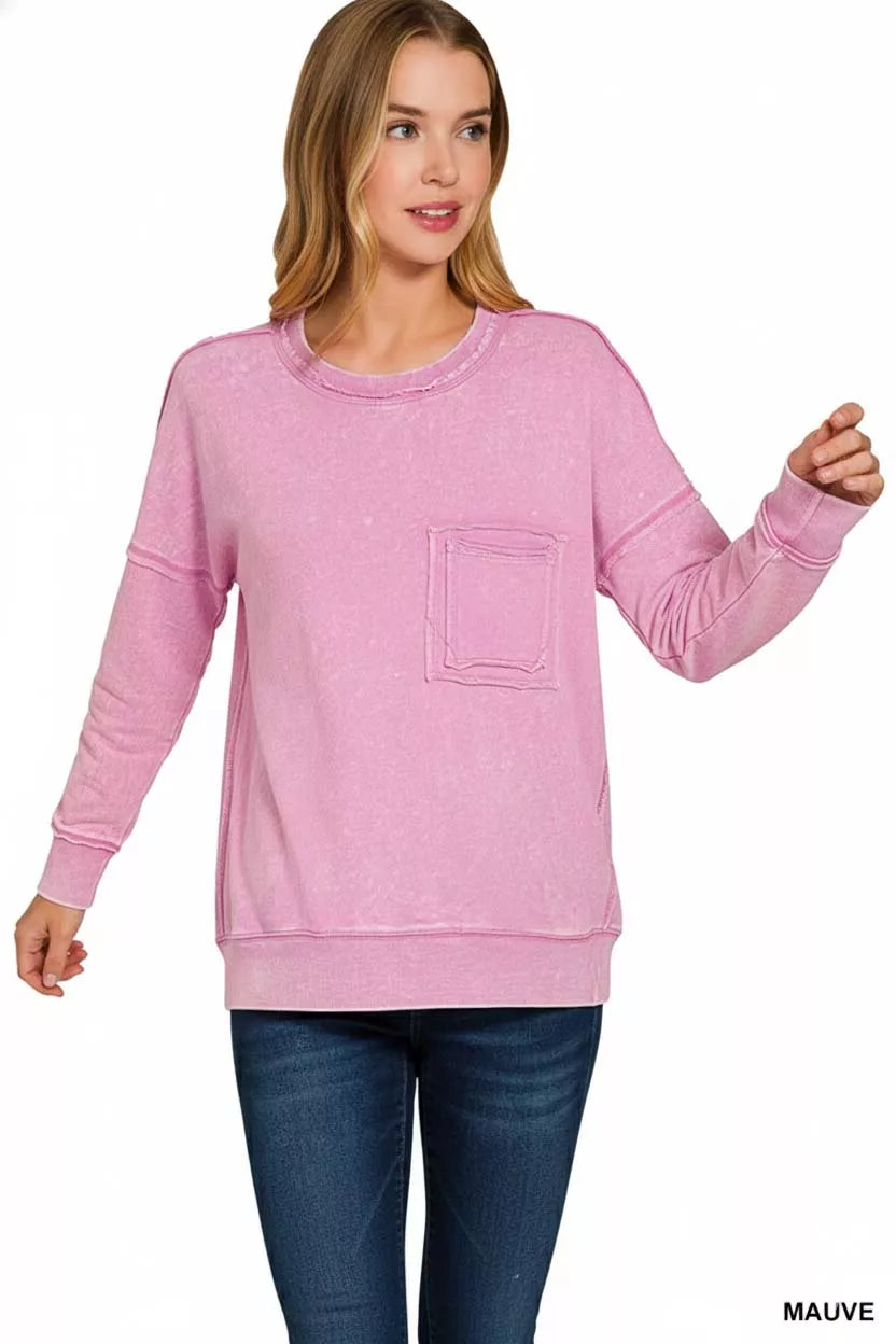 I am a Fashion Junky French Terry Washed Raw Edge Front Pocket Pullover