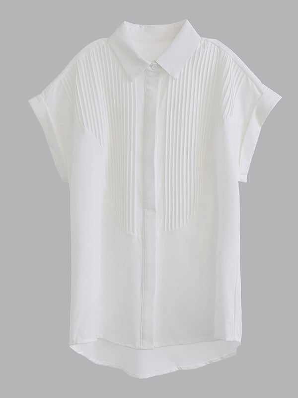 Loose Short Sleeves Buttoned Pleated Solid Color Split-Joint Lapel Blouses&Shirts Tops