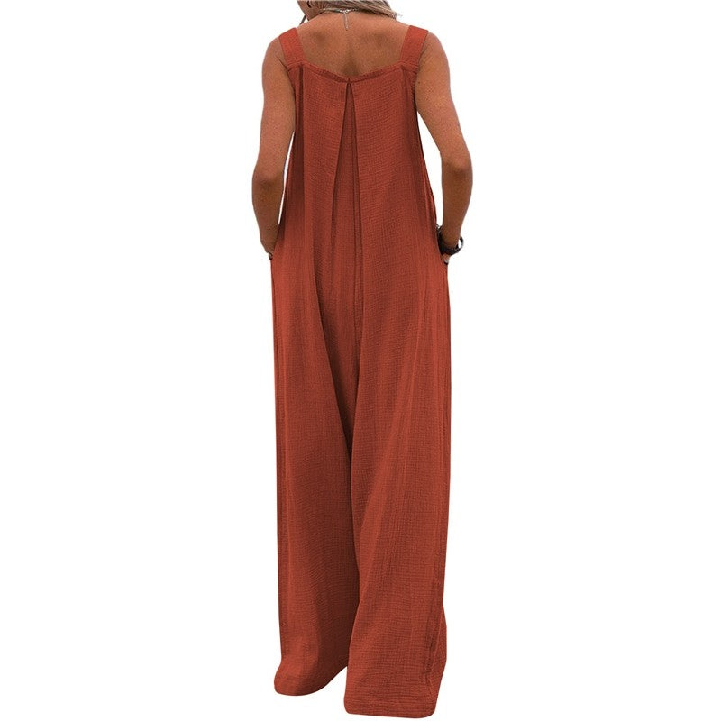 Solid Color Sleeveless Casual Loose Wide Leg Jumpsuits