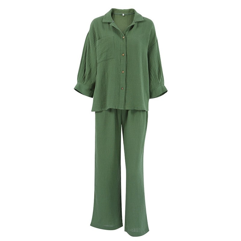 Crepe Two-Piece Pyjama Set with Blouse and Trousers for Women
