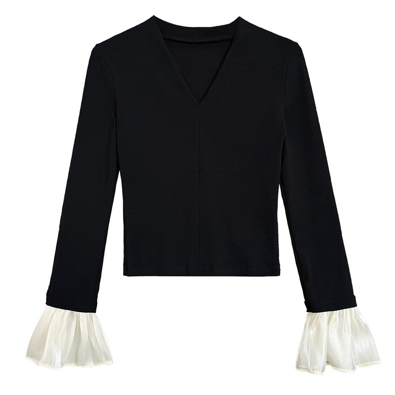 V-Neck Knit Patchwork Flare Sleeve Top
