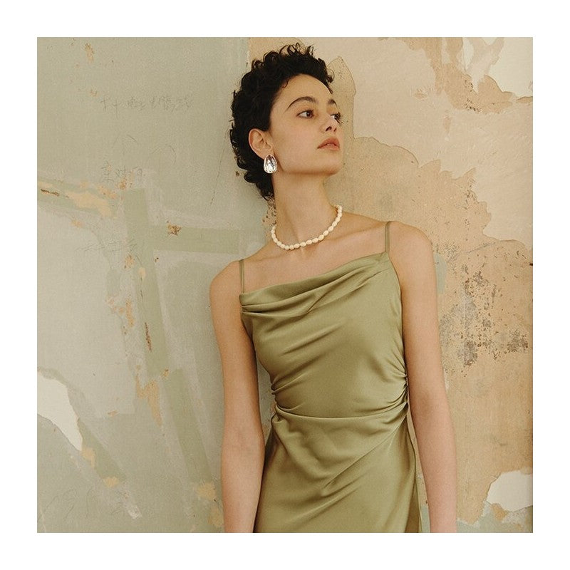 Solid Color Satin Waistband Sling Dress with Figure-Flattering Silhouette