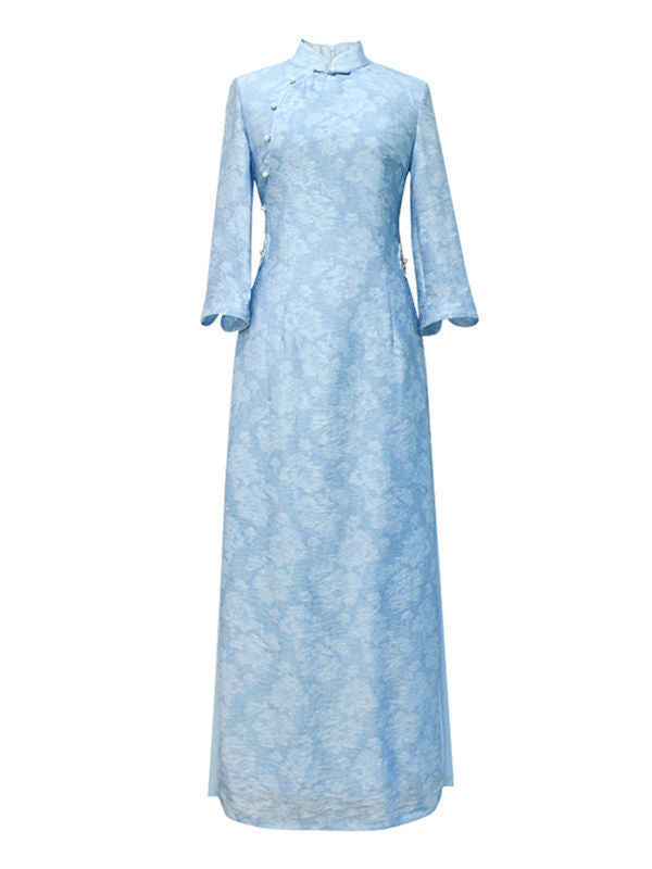 Fashion Vintage Light Blue Jacquard Long Cheongsams