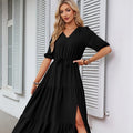 Vibrant V-Neck Drawstring Dress with Split Short Sleeves