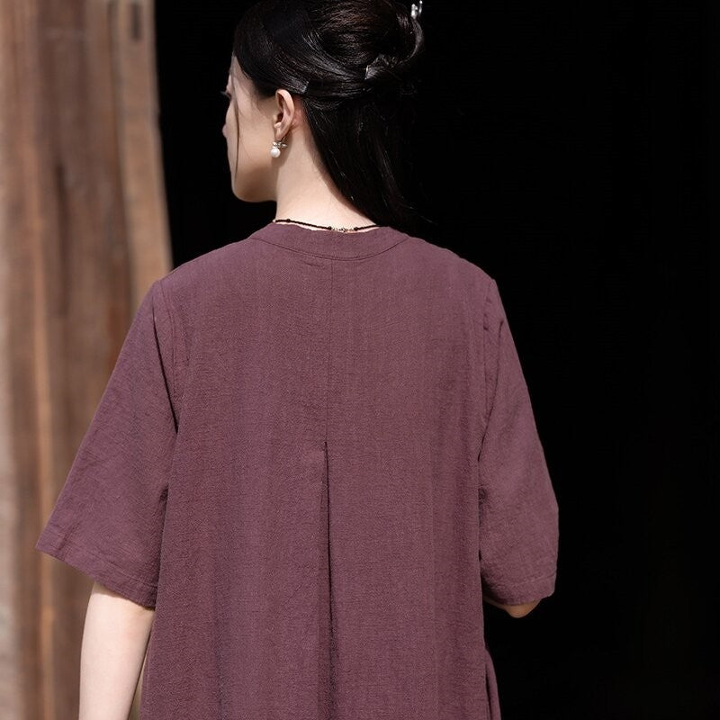 Stand Collar Short Sleeve Cheongsam Dress in Solid Color