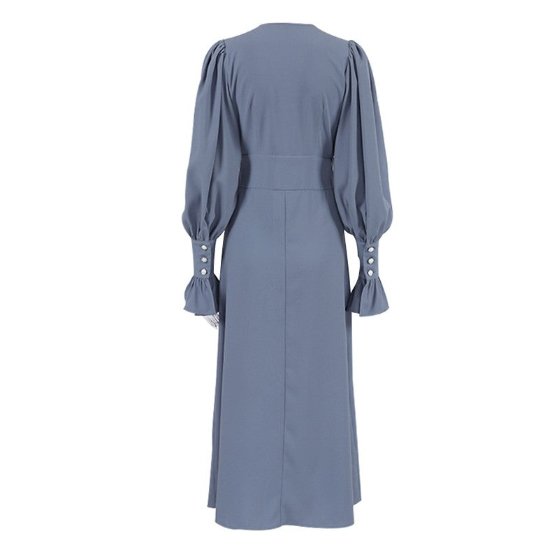 Vibrant V-Neck Midi Dress with Lantern Sleeves and High Waist