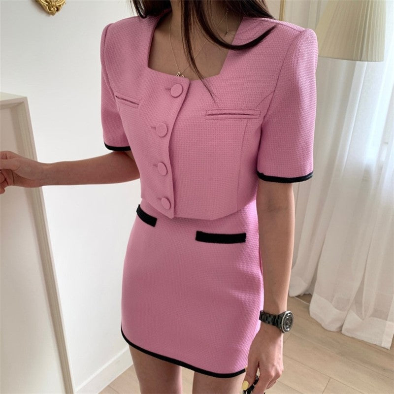 Stylish Ensemble featuring Color-Blocked Jacket and A-Line Skirt