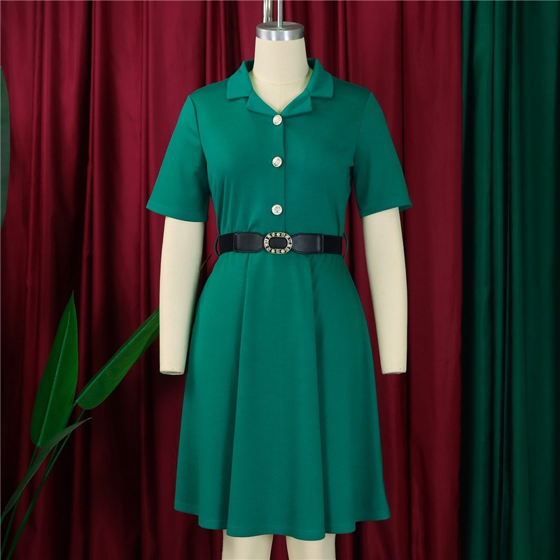 High-Waisted Short Sleeve Solid Color Dress