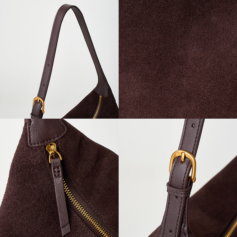 Women's Genuine Leather Tote Bag – Minimalist Matte Cowhide Shoulder Bag with Zipper Pockets