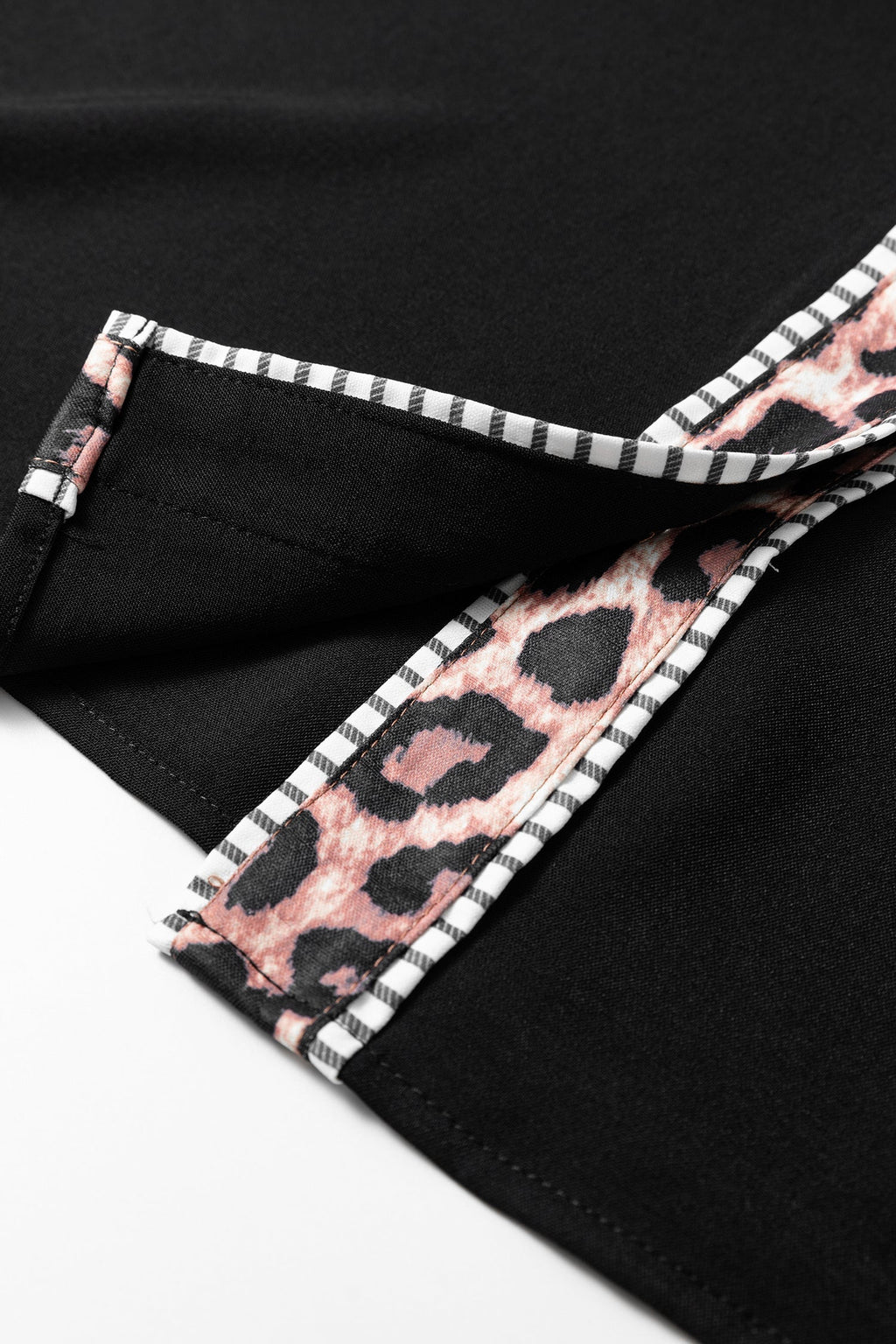 Black V Neck Short Puff Sleeve Contrast Striped Leopard Trim Button Down Shirt