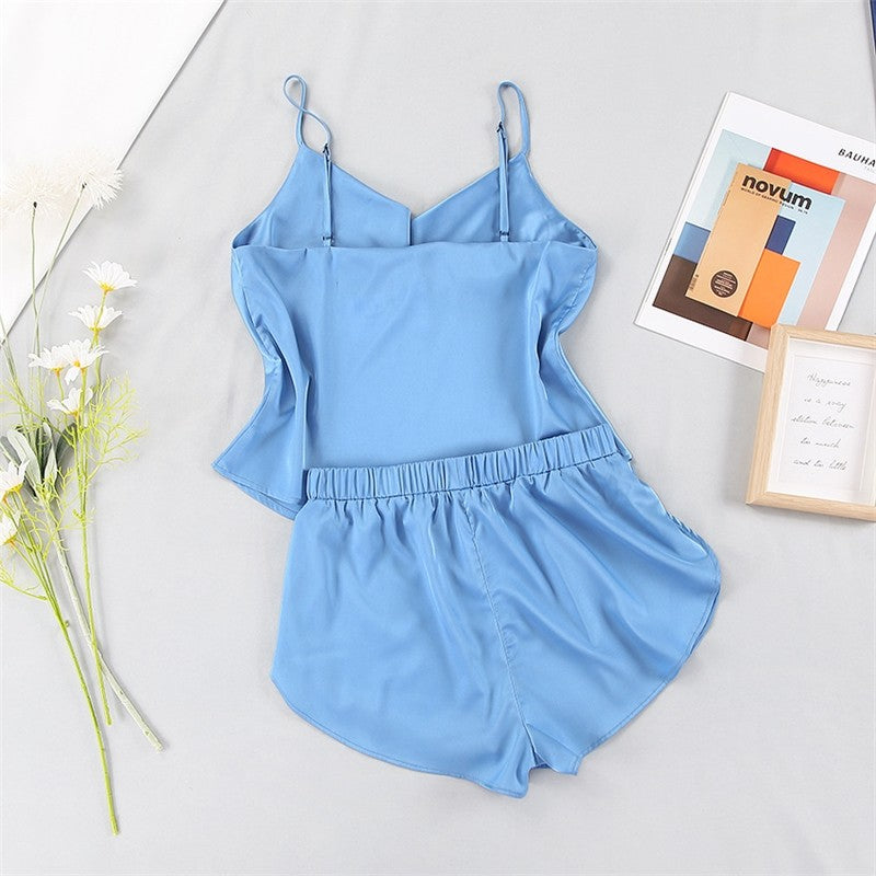 Sleek Imitation Silk Sleeveless Spaghetti Strap Tank Top and Side Slit Shorts Pajama Set