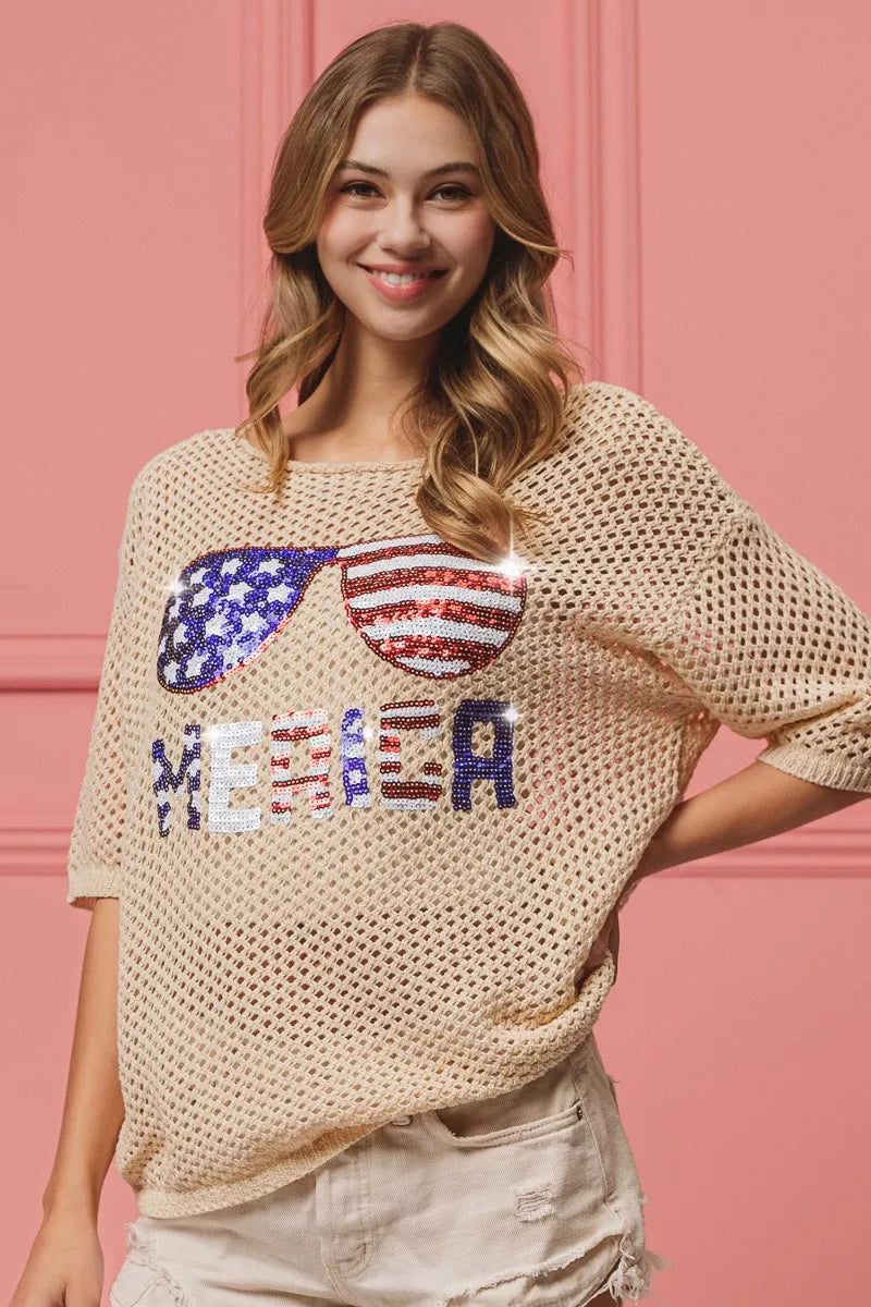 Sequin American Flag Sunglasses Knit Cover Up