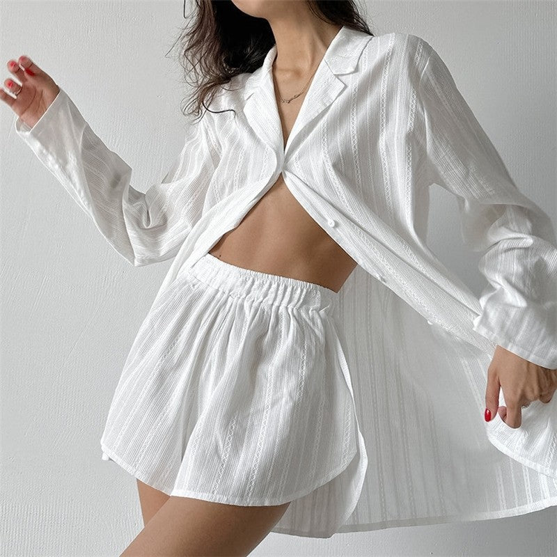 Solid Color Long Sleeve Lapel Single Breasted Blouse and Shorts Set - Stylish Loungewear