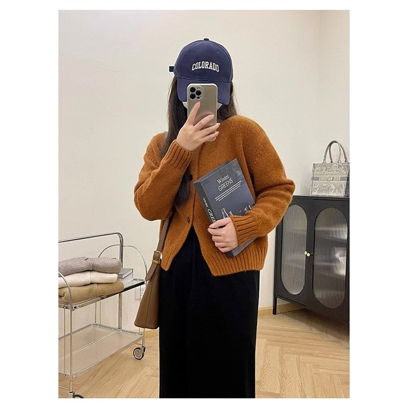 Solid Color Long Sleeve Crewneck Single Breasted Casual Loose Knitted Cardigan