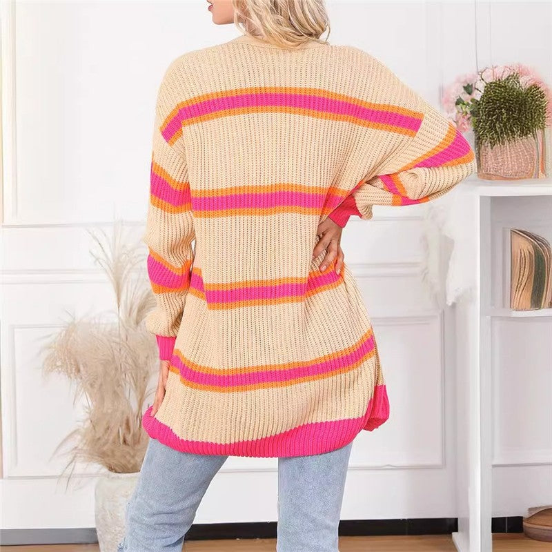 Knitted Color Block Striped Long Cardigan
