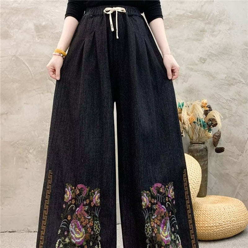 Embroidered Floral High-Waisted Wide-Leg Pants