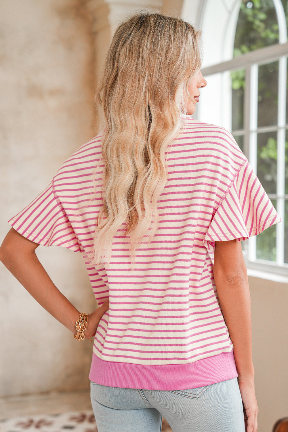 Parchment Striped Ruffle Sleeve Round Neck Top