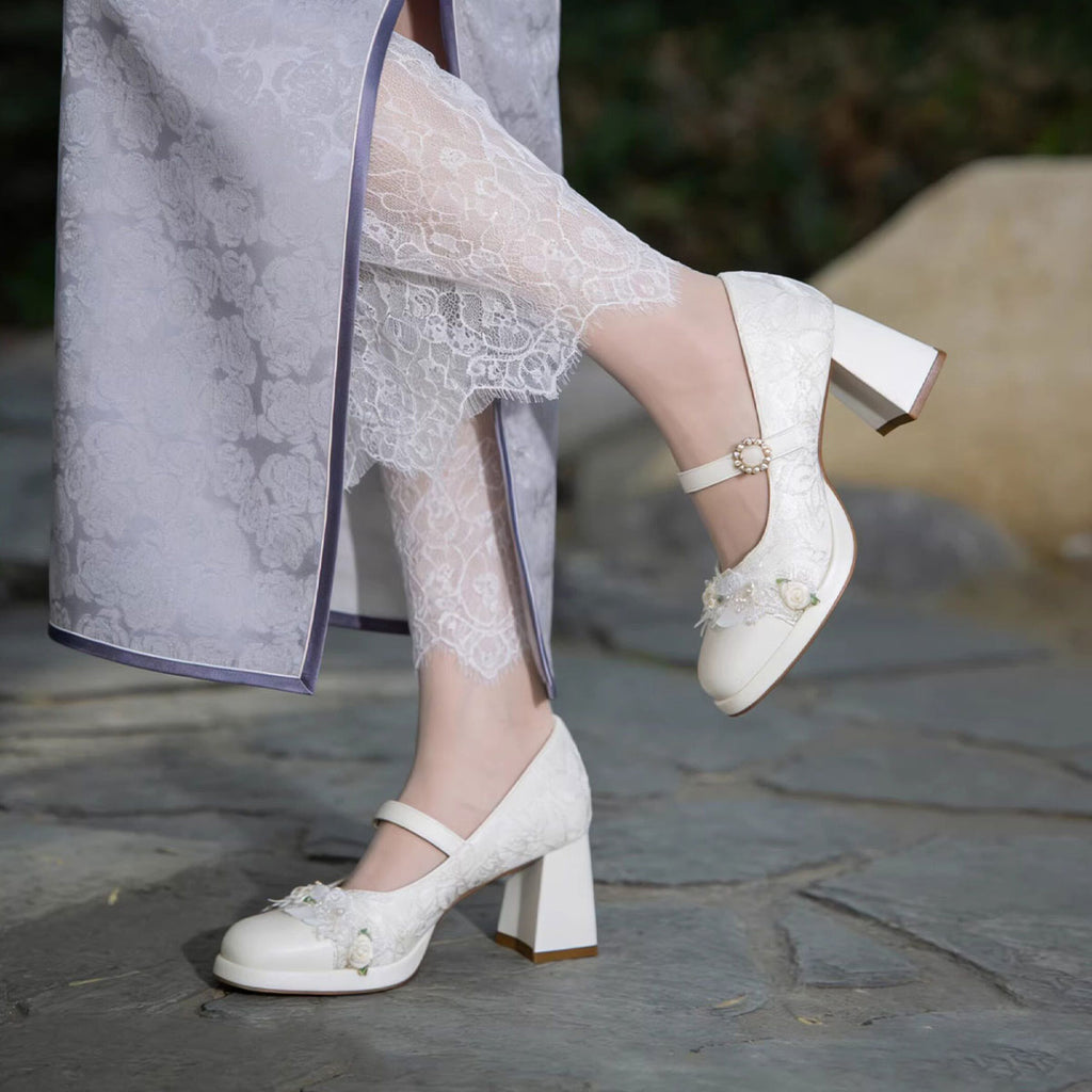 Women's Lace Mary Jane Platform Heels | Pearl Buckle Bridal Shoes