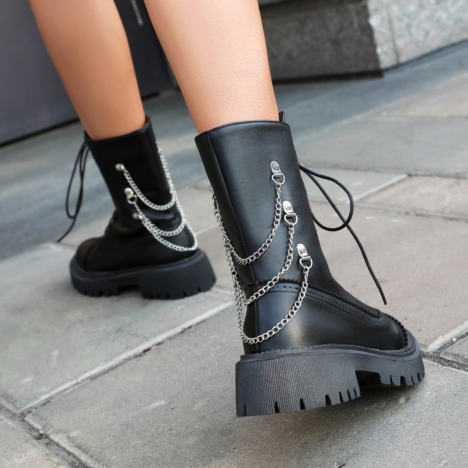 Women's Chunky Heel Mid-Calf Lace-Up Boots | Square Toe Dr. Martens Style | Sizes 35–42
