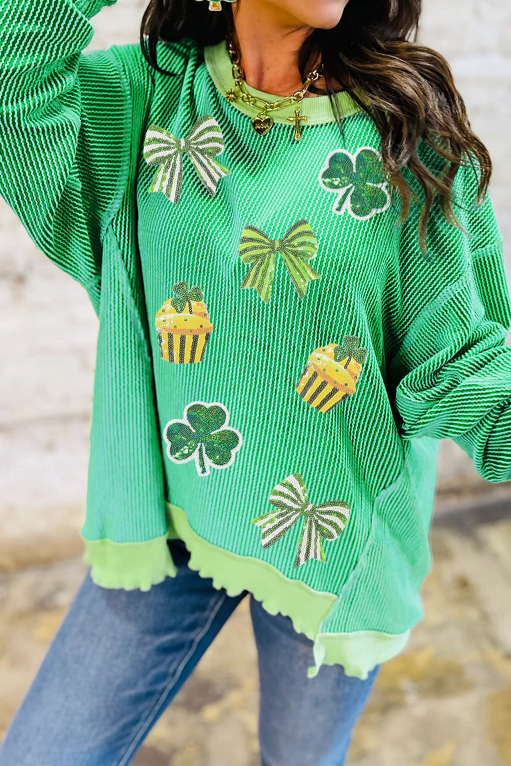 Bright Green Twisted Rib St Patricks Day Sequin Patch Graphic Long Sleeve Top