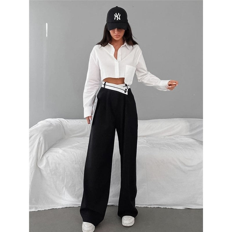 Patchwork High Waisted Wide Leg Trousers