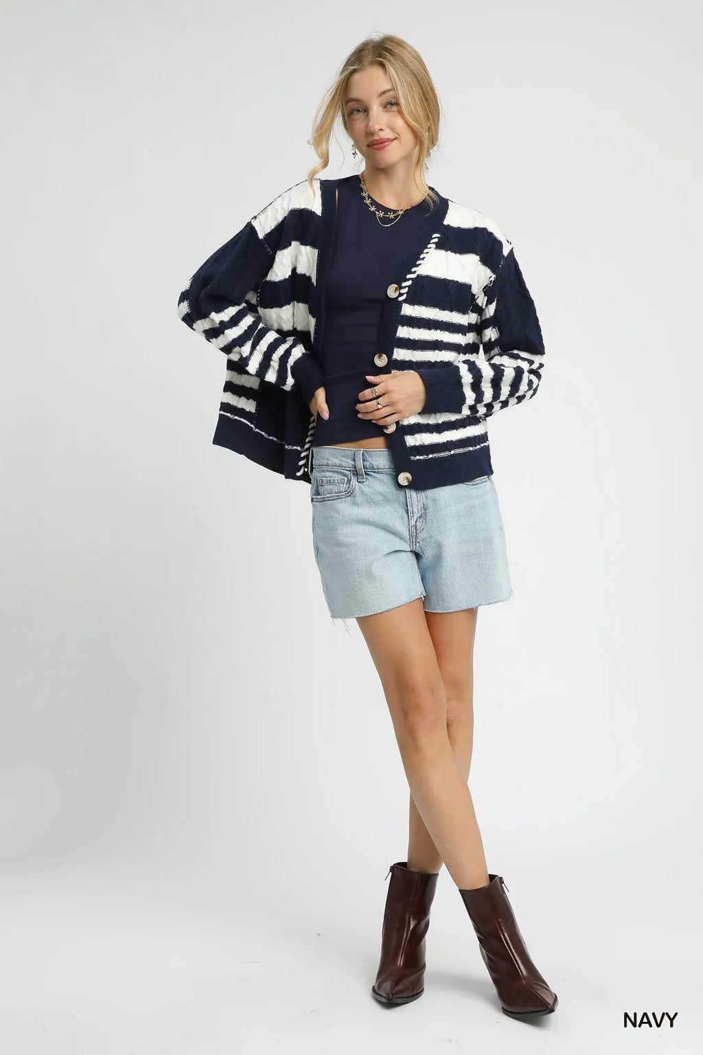 Cable-Knit Stripe Button-Up Cardigan
