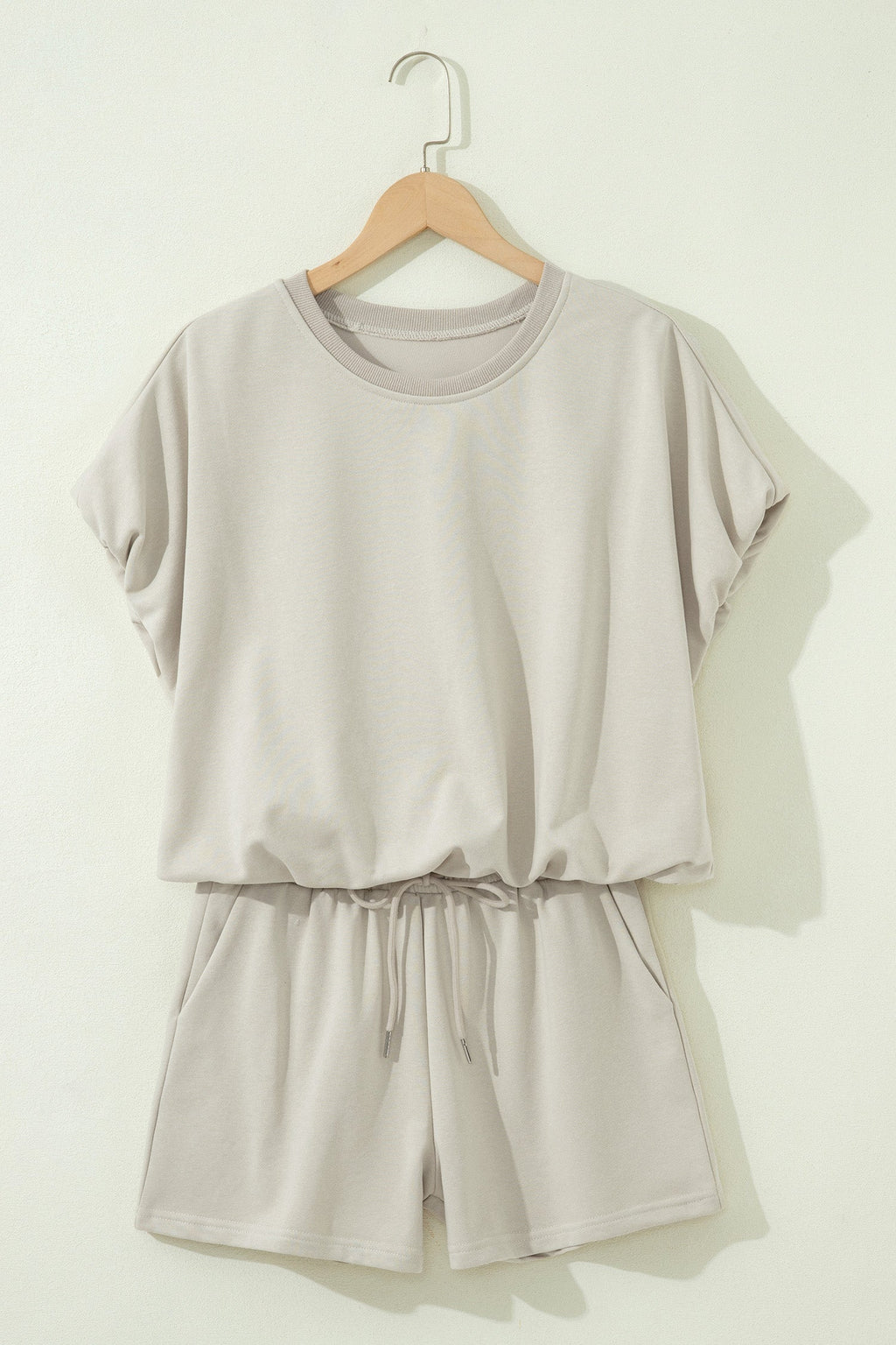 Smoke Gray Solid Color Puffy Loose Top Drawstring Shorts 2pcs Outfit