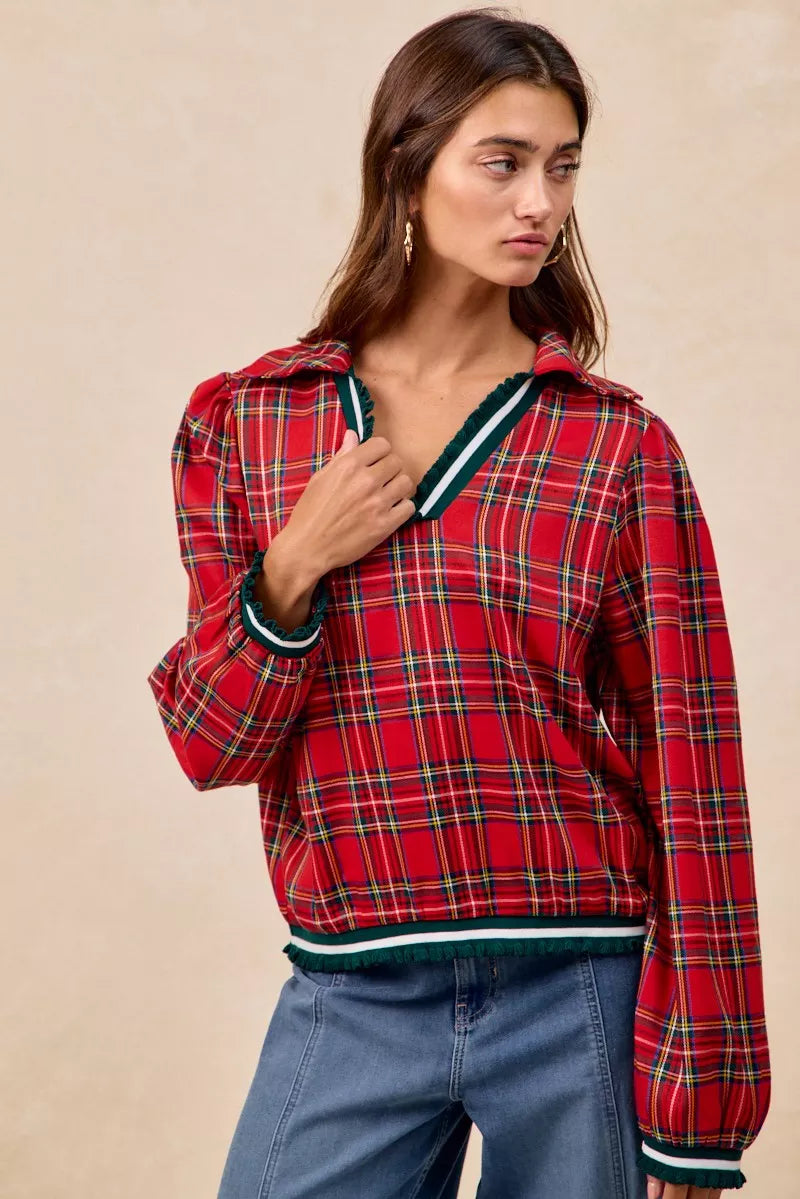 Christmas Plaid Collared Top with Ruffled Detail
