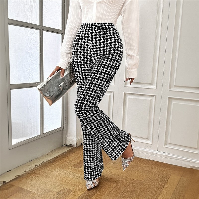 Houndstooth Pattern High-Waisted Bell Bottom Trousers