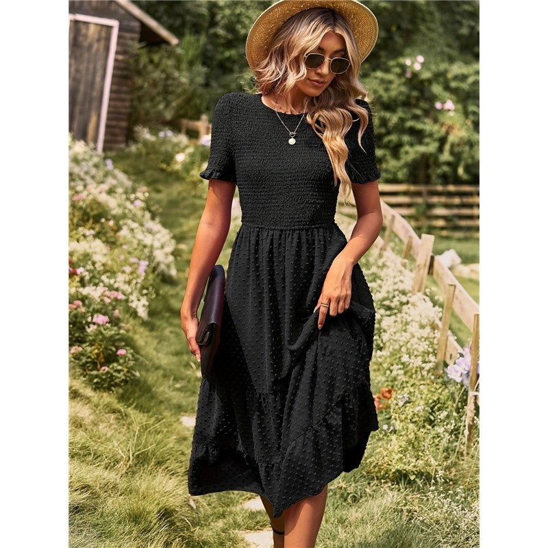 Solid Color Short Sleeve Round Neck Midi Dress for Women