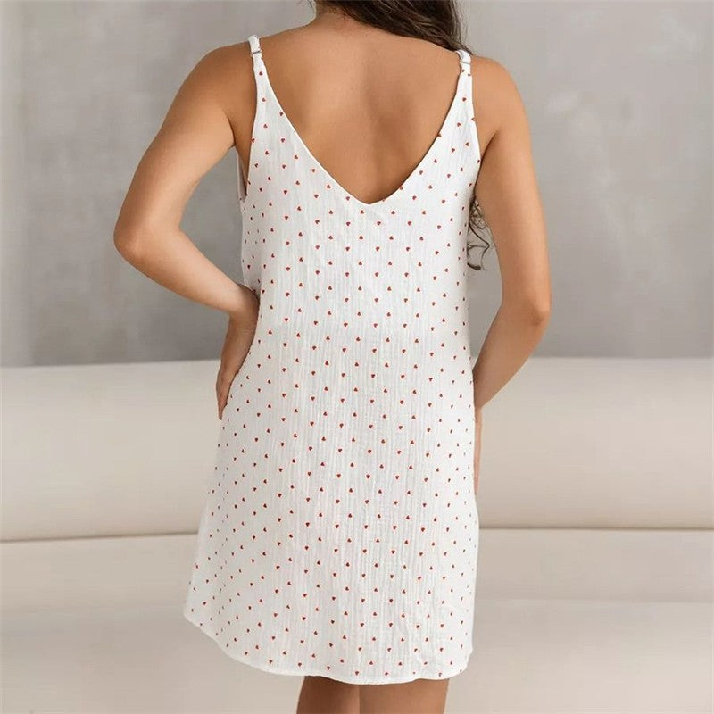 Heart Print White Thin Strap Nightgown