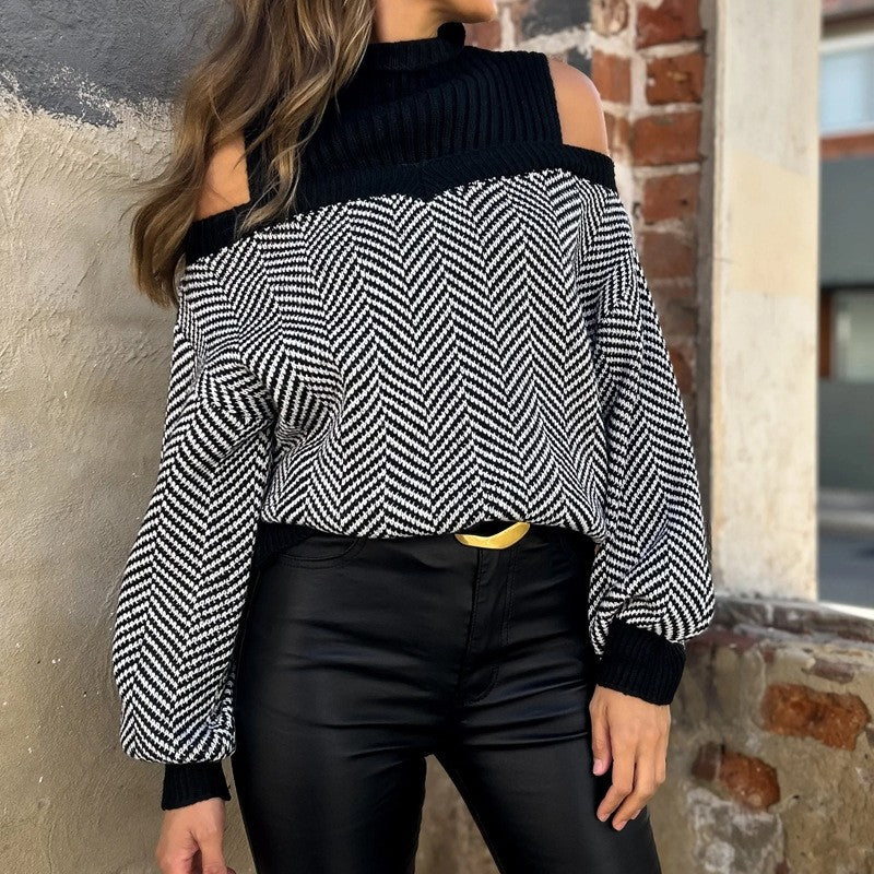 Striped Off-The-Shoulder High-Neck Fashion Sweater