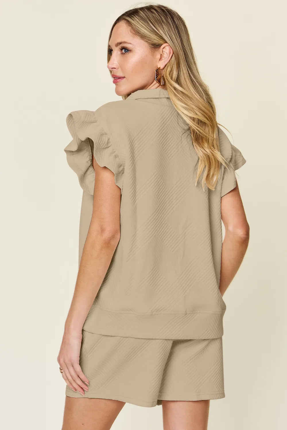 I am a Fashion Junky Full Size Texture Flounce Sleeve Top and Drawstring Shorts Set
