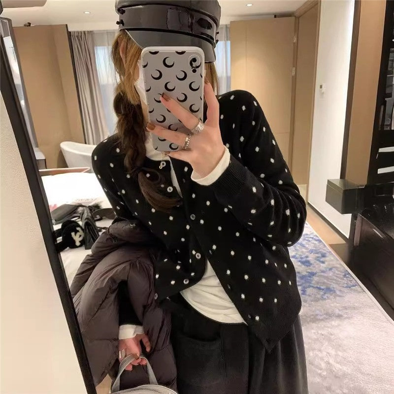 Round Neck Polka Dot Jacquard Knit Cardigan