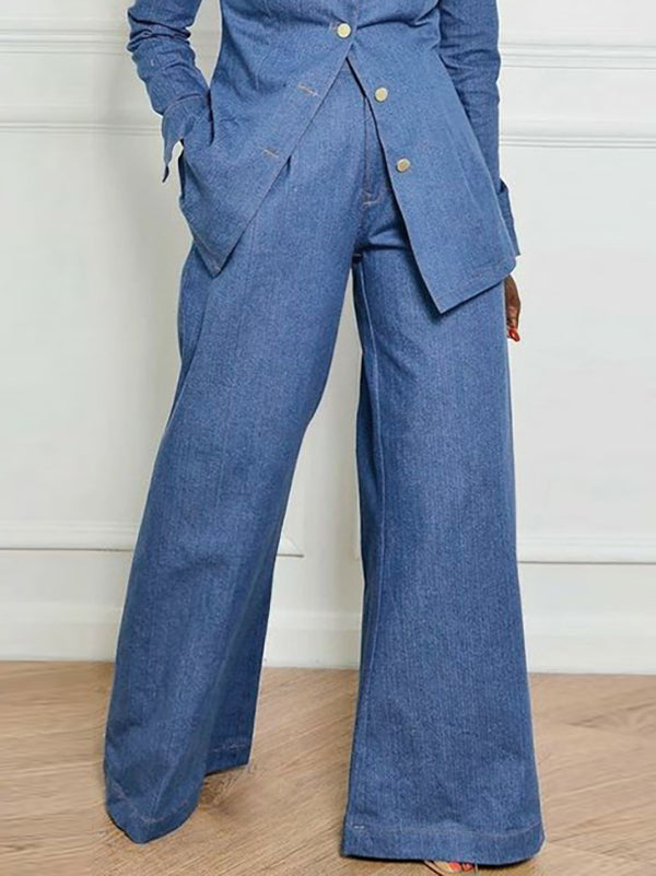 High-Waisted Loose Fit Jeans with Pockets and Lapel - Solid Color