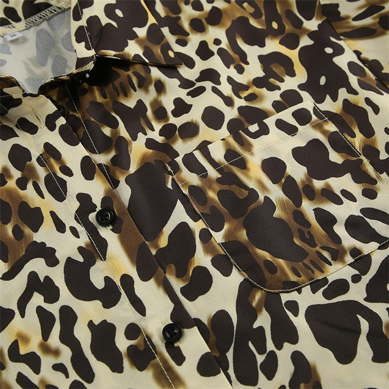 Leopard Print Loose Fit Lapel Long Sleeve Blouse and Ants Two-Piece Lounge Suit