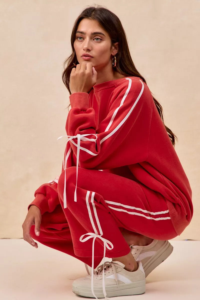 Side Lined Bow Details Fleece Sweatpants