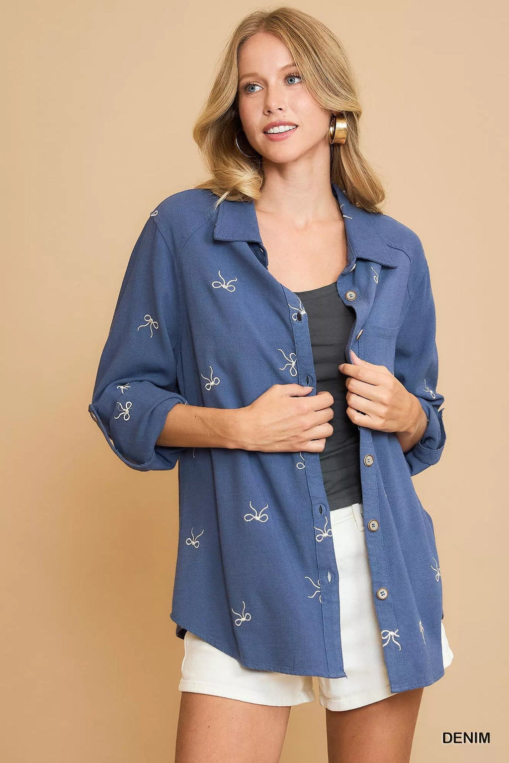 Linen Blend Fitted Shirt with Ribbon Embroidery Details