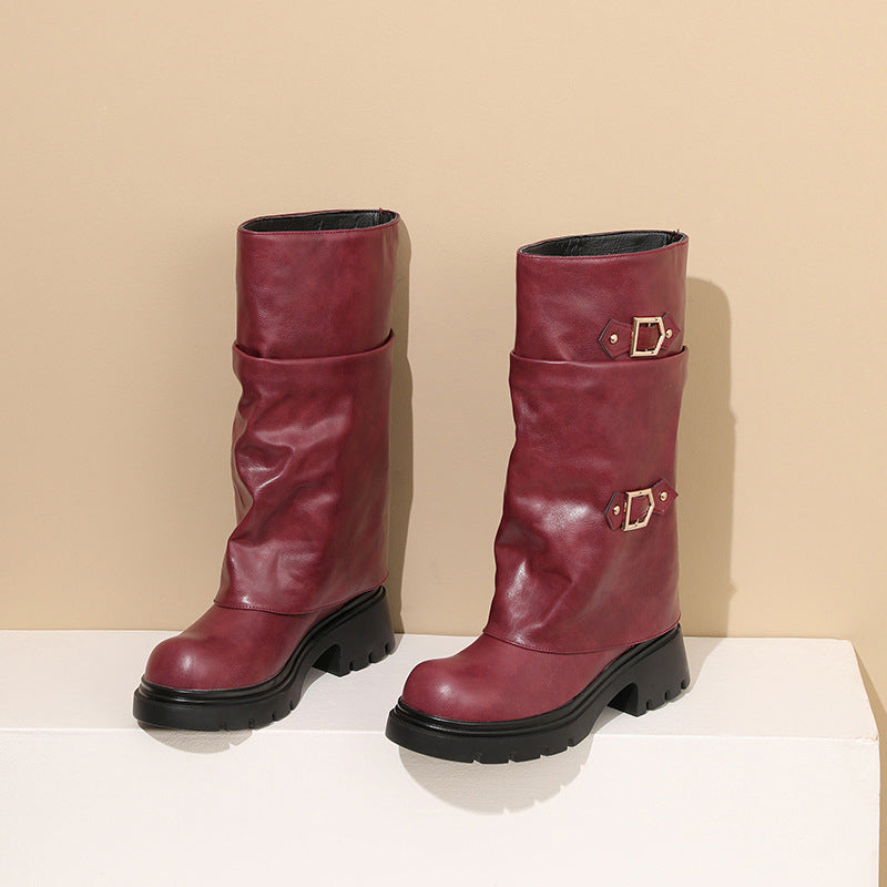 Women's Retro Multi-Layer Buckle Boots – Suede High-Top Boots with Stacked Buckle Detail