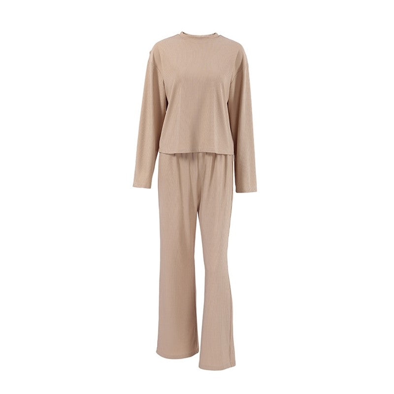 Solid Color Ribbed Crewneck Long Sleeve Top and Pants Lounge Set