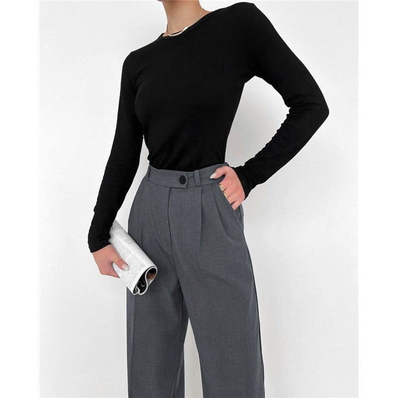 High Waist Straight Leg Casual Suit Trousers in Solid Color