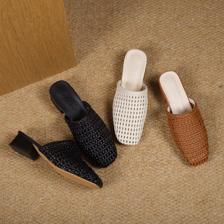 Women's Woven Square Toe Sandals - Casual Summer Flats with Synthetic Leather Upper