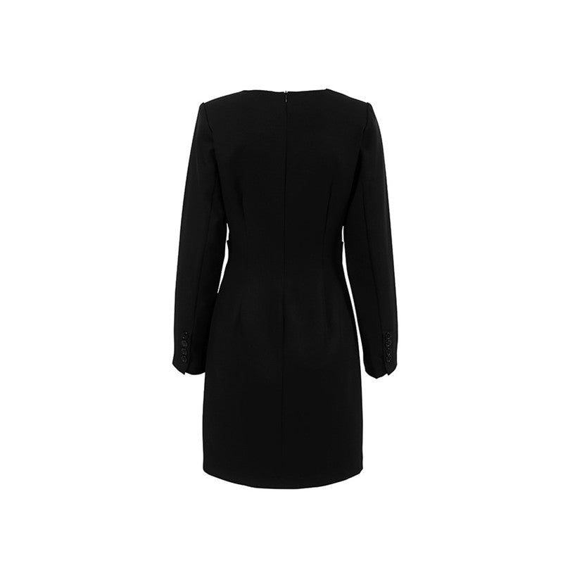 Solid Color Long Sleeve V-Neck Hollow A-Line Mini Dress