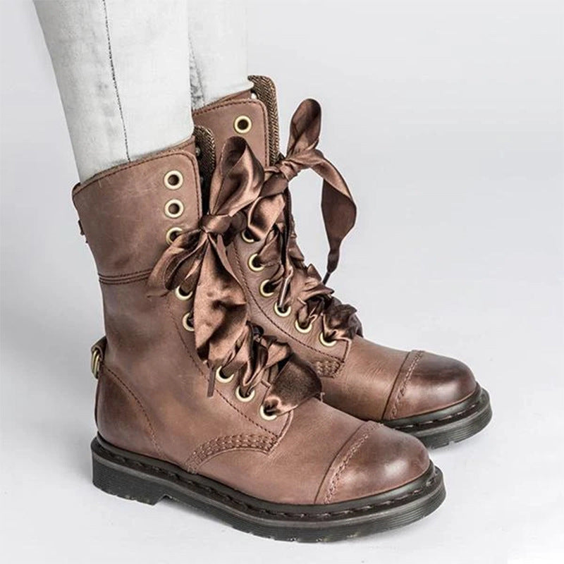 Women's British-Style Lace-Up Ankle Boots | Round Toe Flat Boots