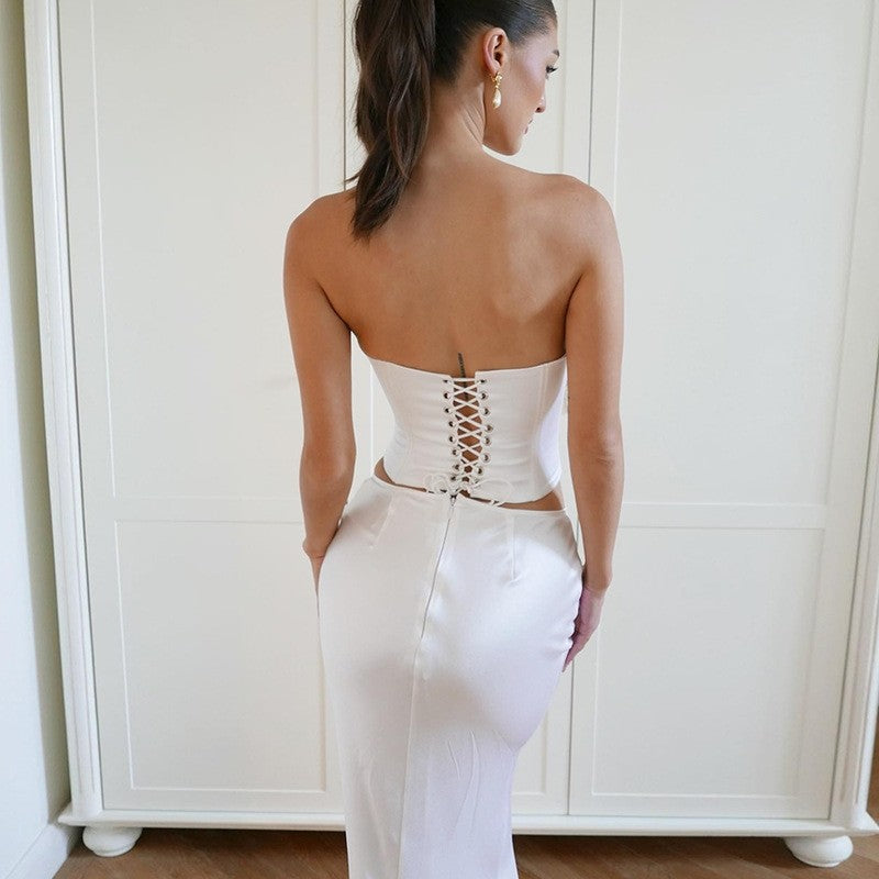 Solid Color Bandeau Maxi Dress Set with Matching Belt - Stylish and Versatile Summer Outfit