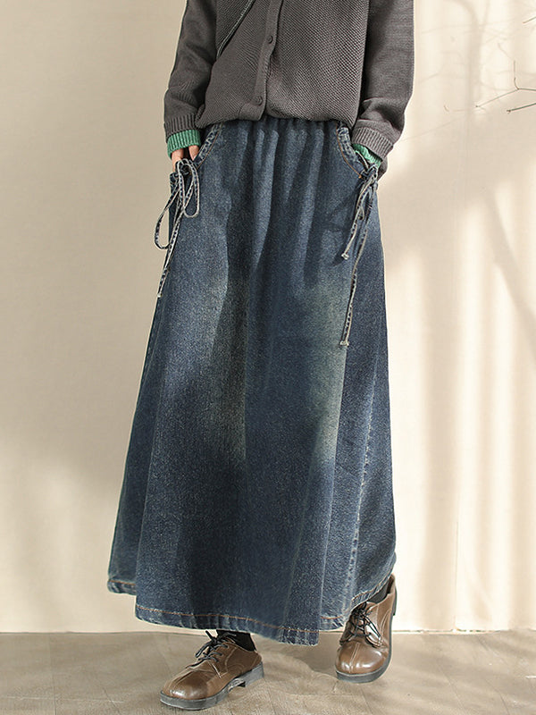 A-Line Loose Elasticity Pockets Tied Skirts Bottoms