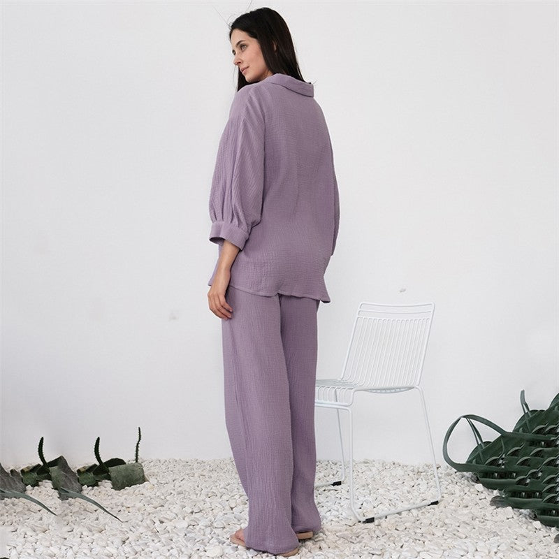 Crepe Two-Piece Pyjama Set with Blouse and Trousers for Women