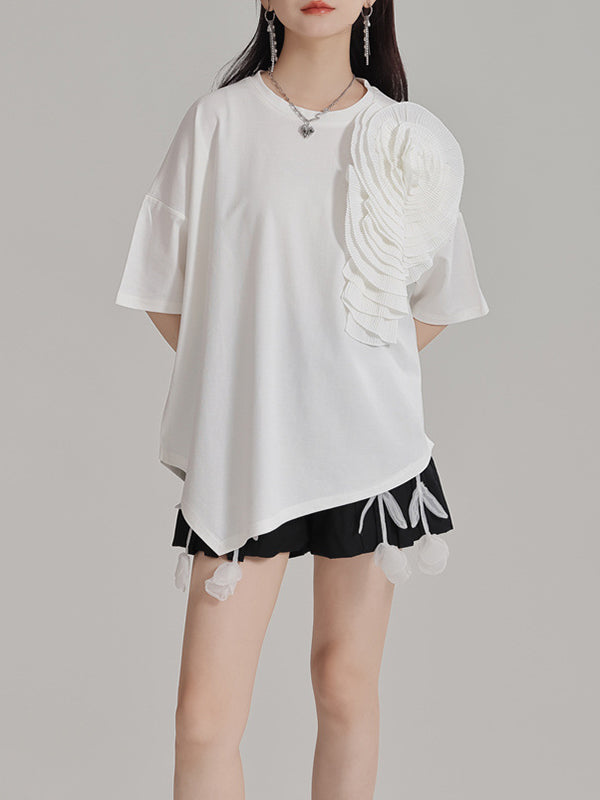 Loose Short Sleeves Asymmetric Solid Color Three-Dimensional Flower Round-Neck T-Shirts Tops